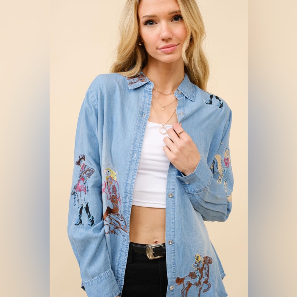 Embroidered Western Cowgirl Tencil Denim Shirt Blouse - Blue B